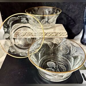 3 Arcoroc gold rimmed bowls 4.75” France
